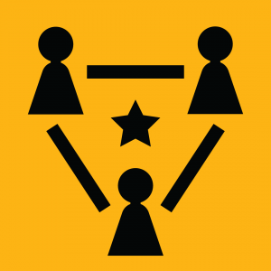 Abstract illustration of three people surrounding one star, connected by lines in a triangle.