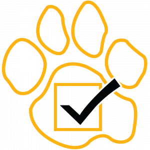 A black check mark in a gold box, which is in the center of a gold outline of UMBC's Official Paw Print logo.