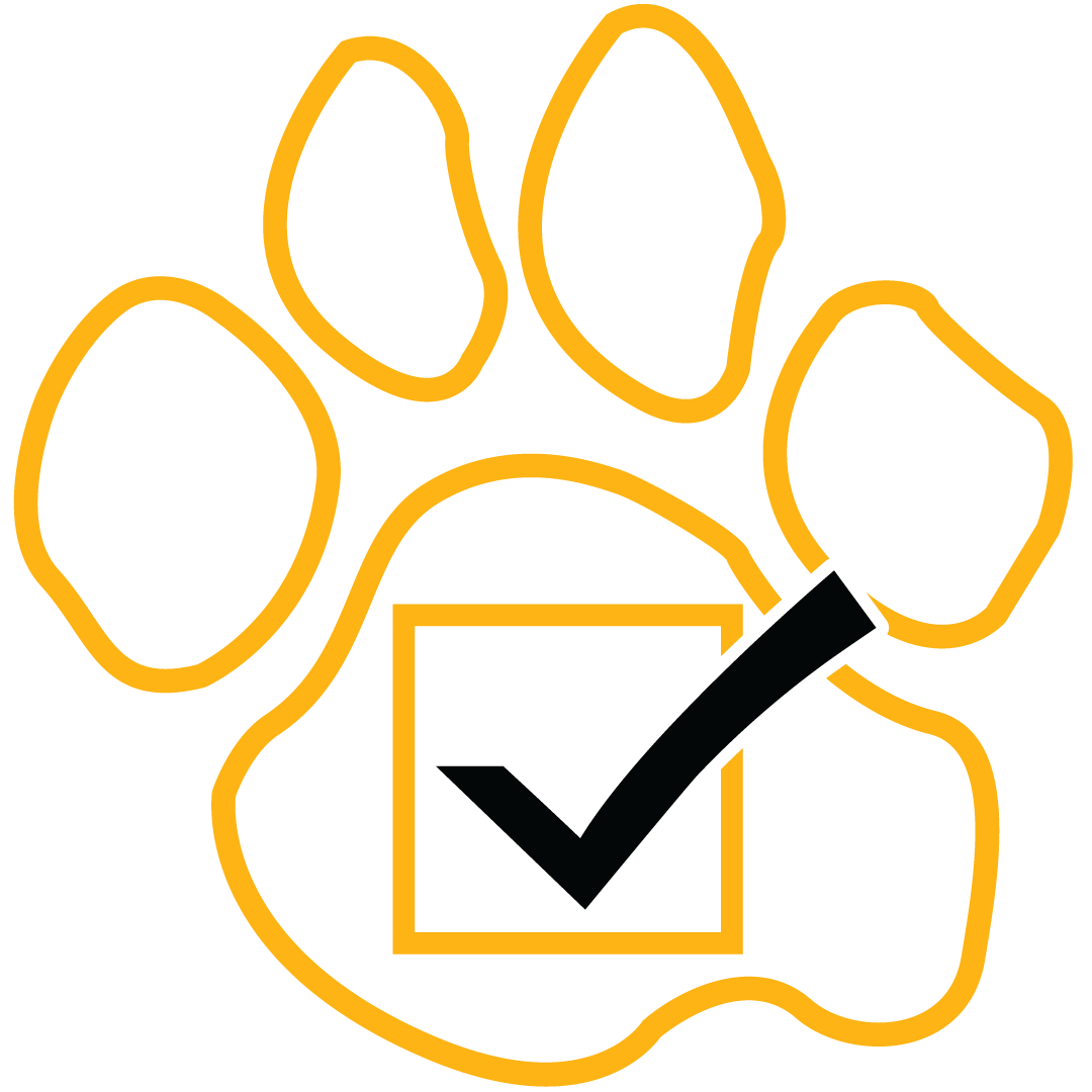 A black check mark in a gold box, which is in the center of a gold outline of UMBC's Official Paw Print logo.