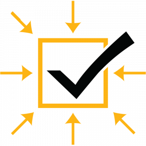 A black check mark in a gold box surrounded by gold arrows.