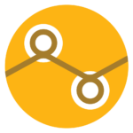 A gold circle with a horizontal brown zigzag line in the middle of it. The middle two corners of the line have small brown outlines of circles on top or below them. The circle outlines have larger, solid white circles behind them.
